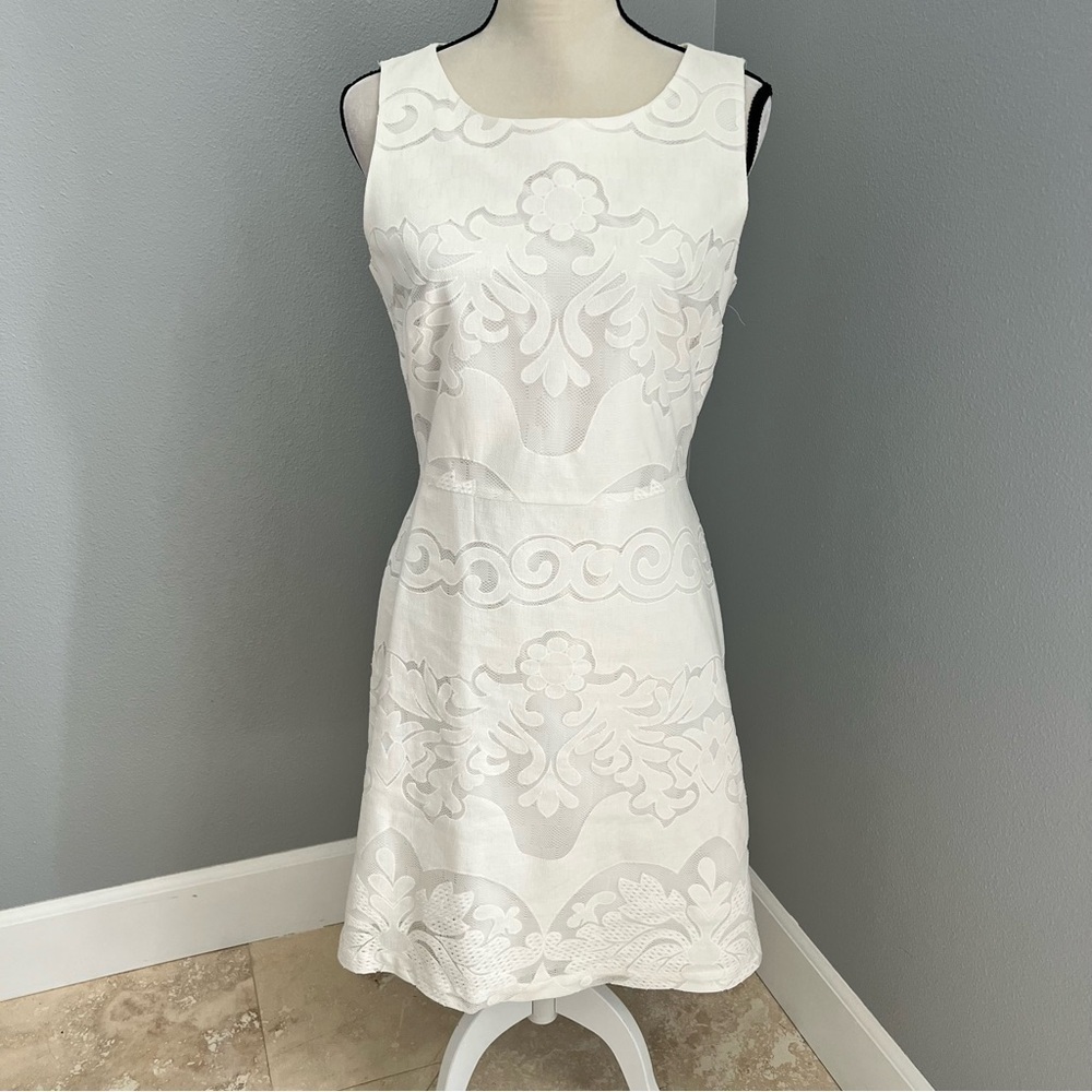 Daniel Cremieux White Floral Damask Lace Overlay Shift Sheath Dress Sleeveless